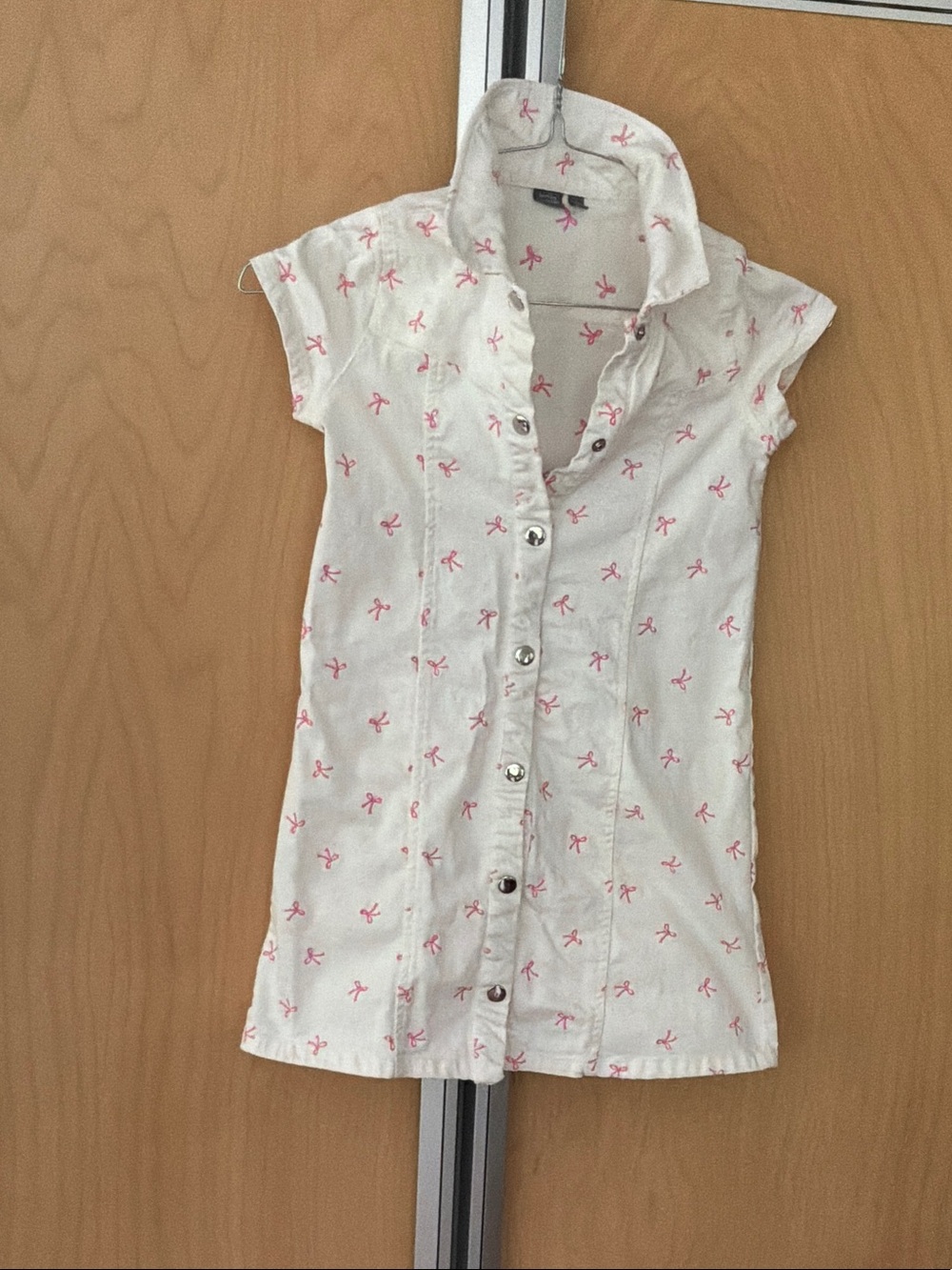 Girls White denim snap-Front Dress with Pink Bow Print